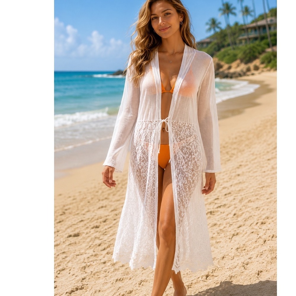 Ember White Lace swim coverup Duster Open Front Floral Mesh Knit Kimono